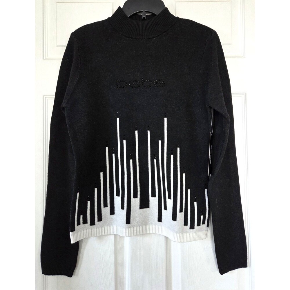 Bebe Black & White Mock Neck Geometric Skyline Tight Knit Sweater Women's L NWT
